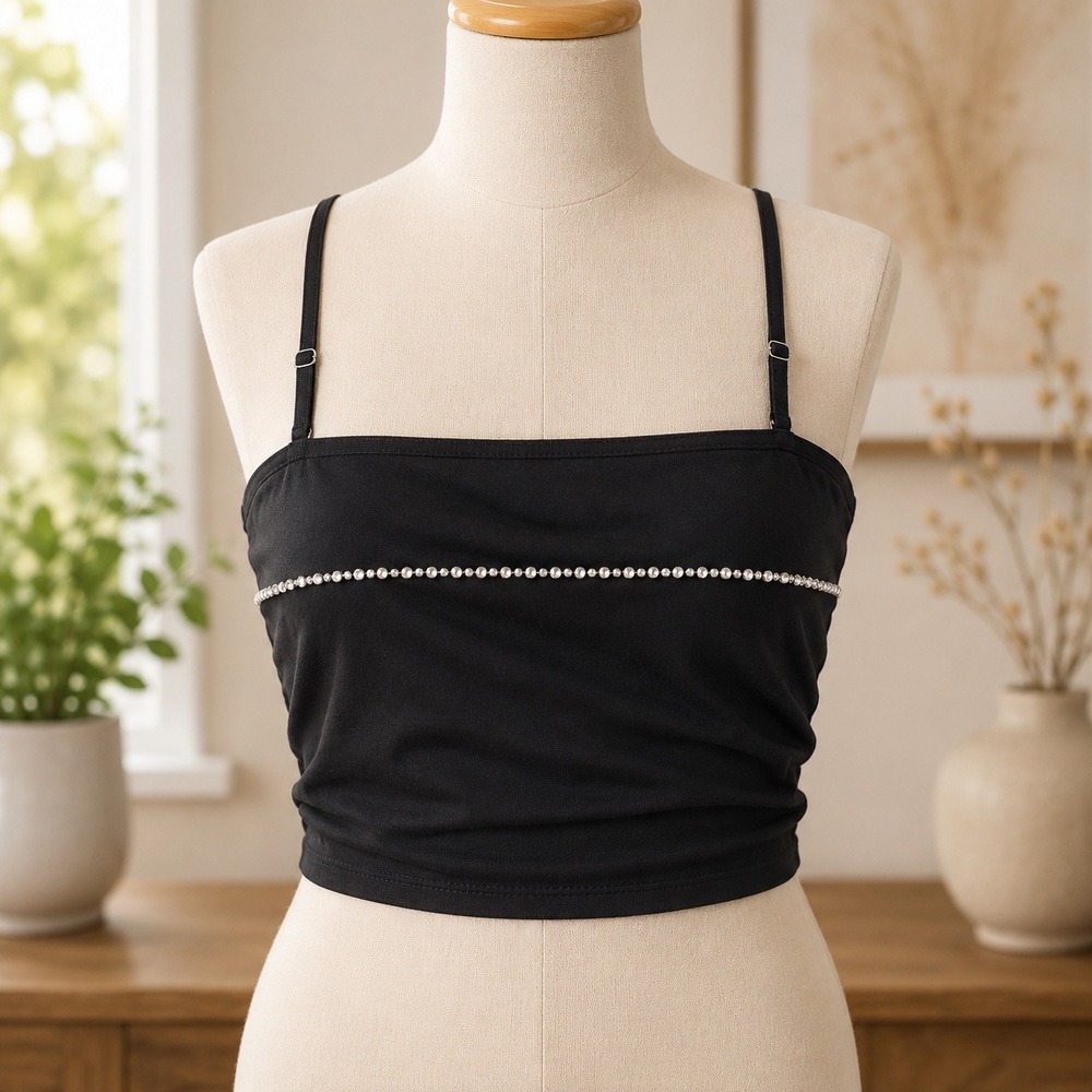 NWT Wildfox Odessa Top Womens Large Black Pearl Beaded Smocked Back Cami Crop